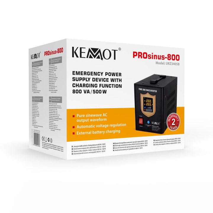 KEMOT PROsinus-800 emergency power supply unit – a pure sine wave inverter with a 12V charging function 230V 800VA/500W – black