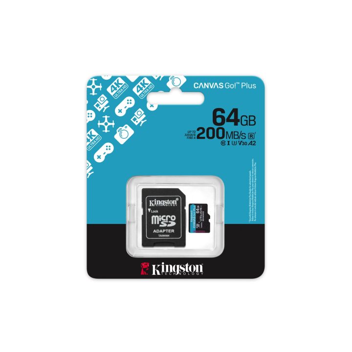 Kingston Technology 64GB microSDXC Canvas Go Plus Gen4 200MB/s A2 U3 V30 Card + Adapter