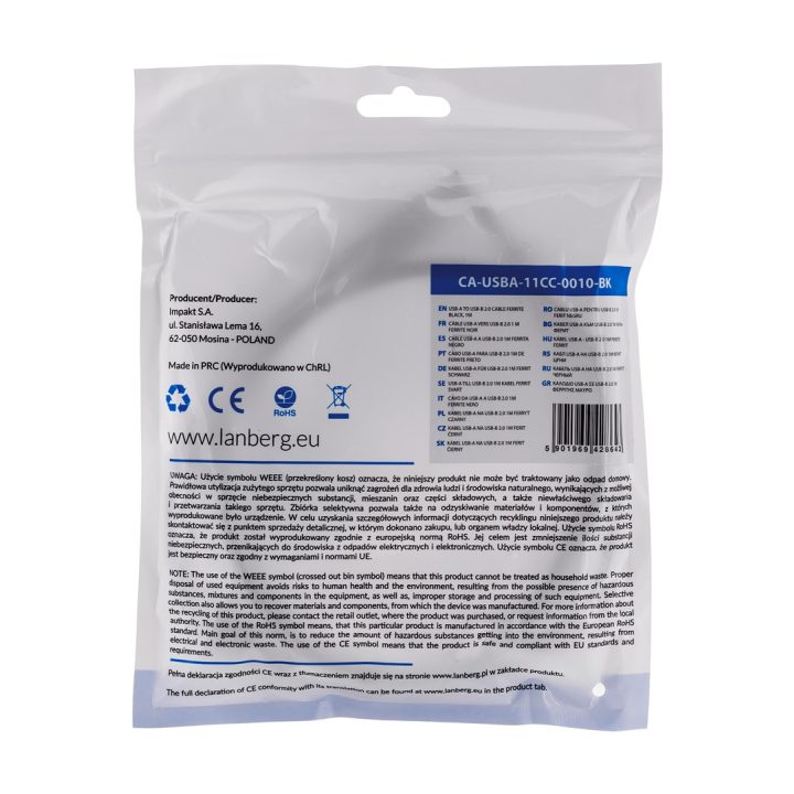 Lanberg CA-USBA-11CC-0010-BK USB cable 1 m 2.0 USB B Black