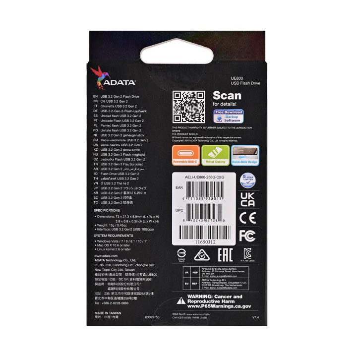 ADATA UE800 USB flash drive 256 GB USB Type-C 3.2 Gen 2 (3.1 Gen 2) Silver