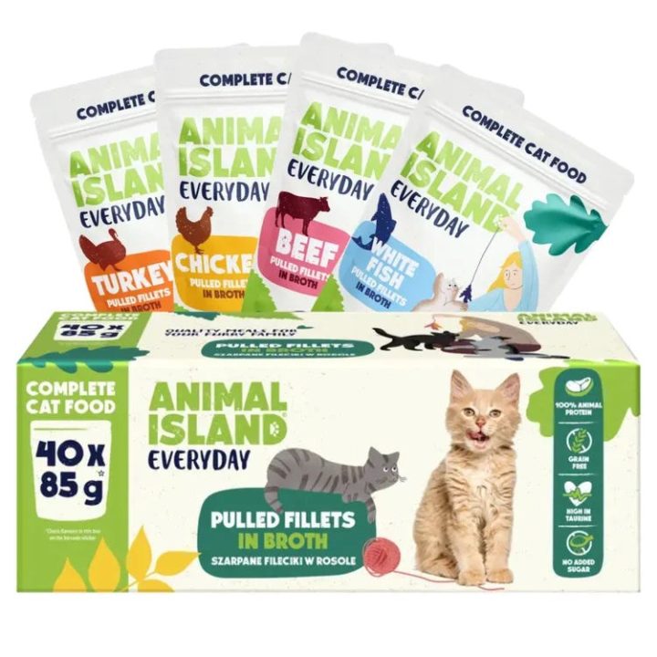 ANIMAL ISLAND Everyday Beef chicken turkey and white fish fillets in broth - wet cat food - 40 x 85g