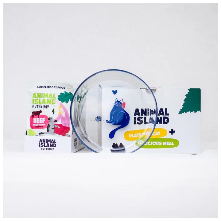 ANIMAL ISLAND Everyday Beef in broth Box - wet cat food - 12x85g + free plate