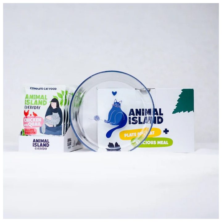 ANIMAL ISLAND Everyday Chicken with quail in broth Box - wet cat food - 12x85g + free plate