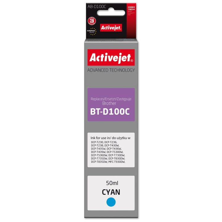Activejet AB-D100C Ink cartridge for Brother printers replacement for Brother BT-D100C Supreme 50 ml cyan