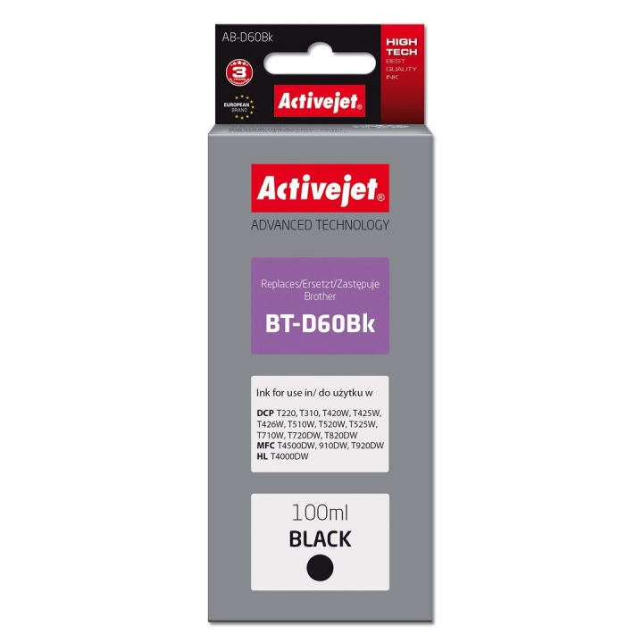 Activejet AB-D60Bk Ink Bottle (Replacement Brother BT-D60Bk Supreme 100 ml Black)