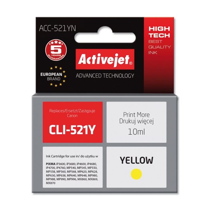 Activejet ACC-521YN Ink (replacement for Canon CLI-521Y Supreme 10 ml yellow)