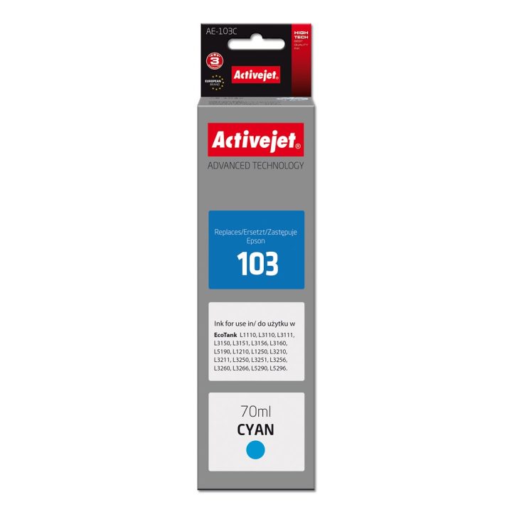 Activejet AE-103C Ink Bottle (Replaces Epson 103 C13T00S24A Supreme 70 ml Cyan)