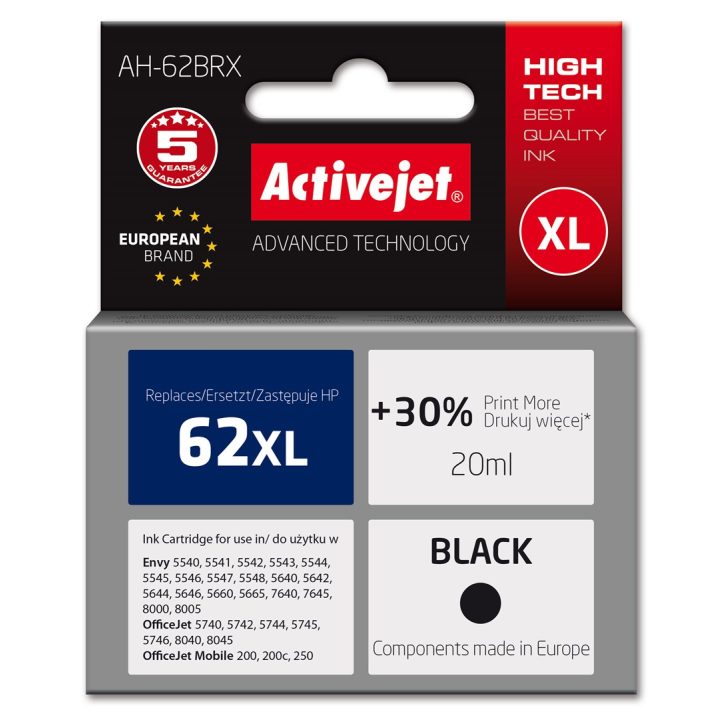 Activejet AH-62BRX ink (replacement for HP 62XL C2P05AE Premium 20 ml black)