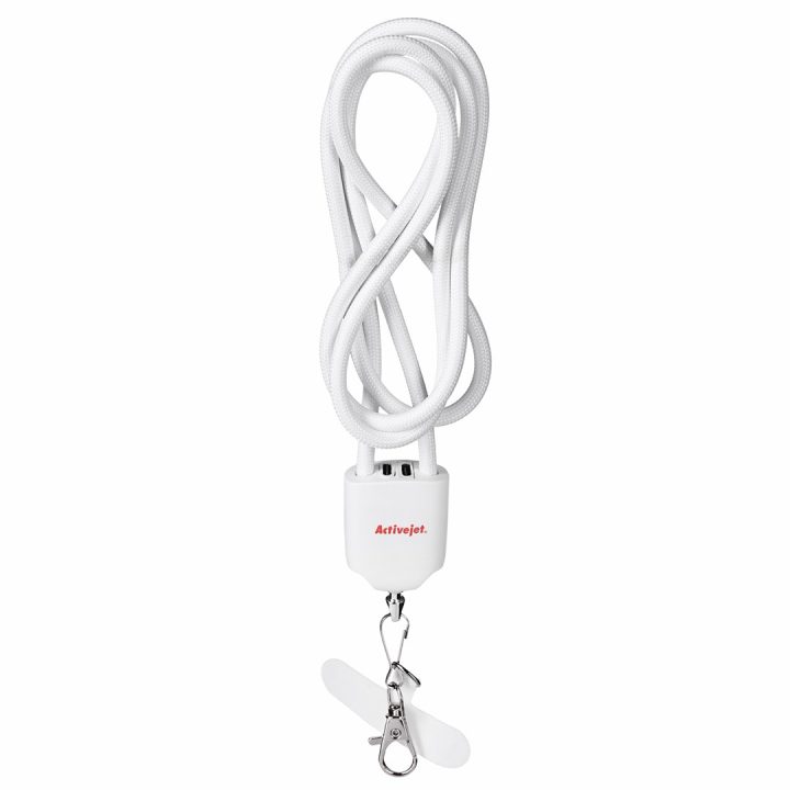 Activejet lanyard with 3-in-1 charging cable white. Ends with various connectors: USB-C Lightning adapter USB-A