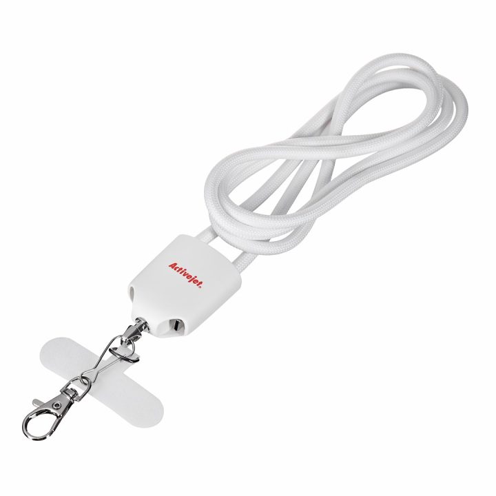 Activejet lanyard with 3-in-1 charging cable white. Ends with various connectors: USB-C Lightning adapter USB-A