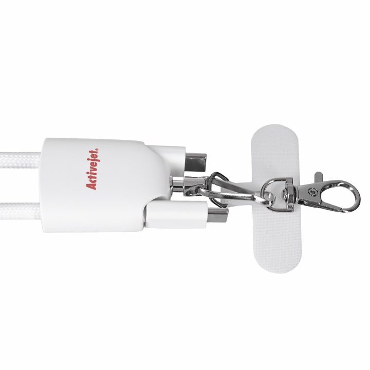 Activejet lanyard with 3-in-1 charging cable white. Ends with various connectors: USB-C Lightning adapter USB-A