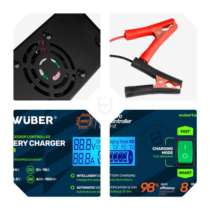 Microprocessor-controlled car battery charger 10 A 6–150 Ah 2–24 V W14018 WUBER