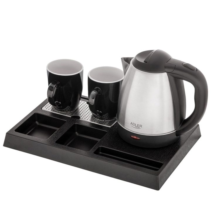 Adler AD 1354 Hotel bollitore acciaio inox 1.2 L + vassaio con tazze acciaio nero