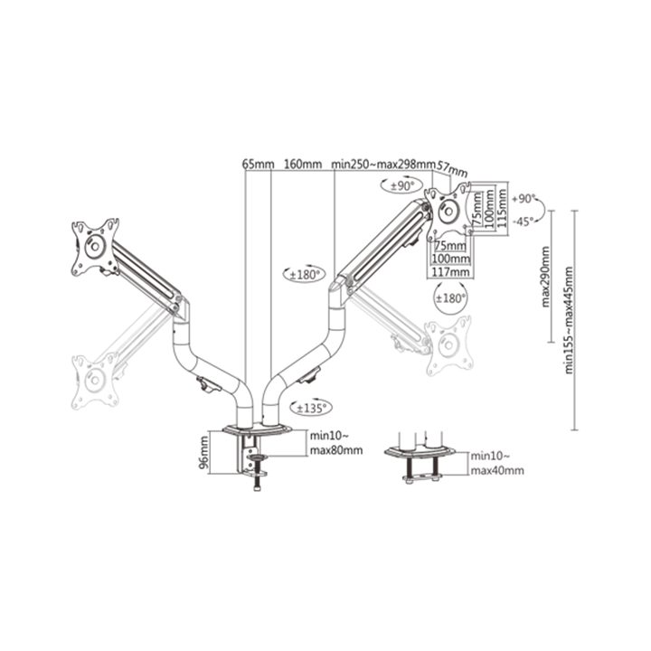 Gembird MA-DA2-02 Adjustable desk 2-display mounting arm (tilting) 17”-32” up to 8 kg