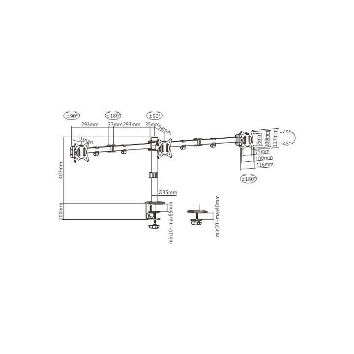 Gembird MA-D3-01 Adjustable desk 3-display mounting arm (rotate tilt swivel) 17”-27” up to 7 kg