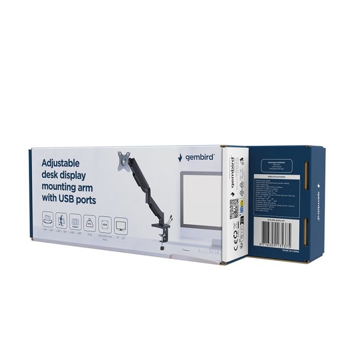 Gembird MA-DA1U-01 Adjustable desk display mounting arm with USB ports 17”-32” black