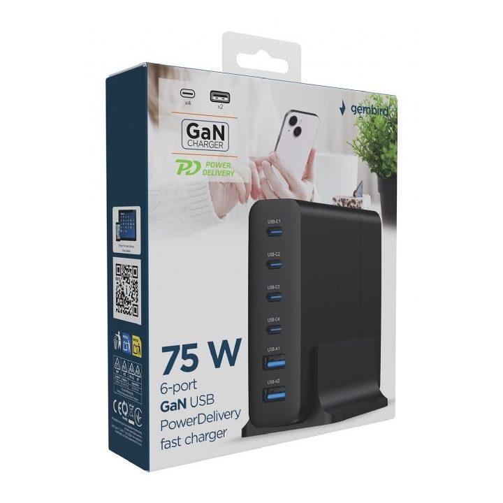 Gembird TA-UC-2A4C-PD75-01-BK caricabatterie dispositivo mobile Universale Nero AC Ricarica rapida Interno