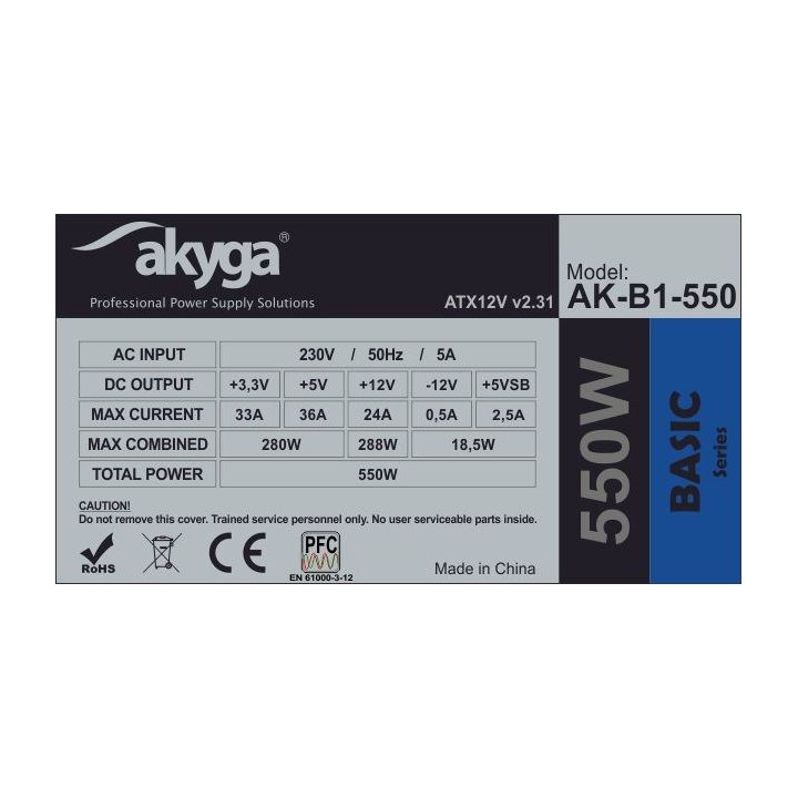 Akyga AK-B1-550 power supply unit 550 W 20+4 pin ATX ATX Grey