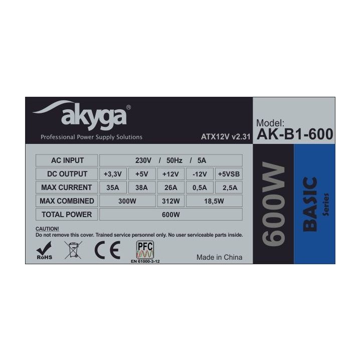 Akyga AK-B1-600 power supply unit 600 W 20+4 pin ATX ATX Grey