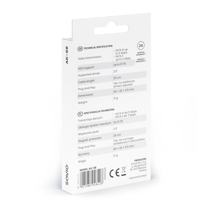 SAVIO AK-68 Adapter USB-A 3.1 Gen 1 (M) - SATA (F) for 2.5 drives