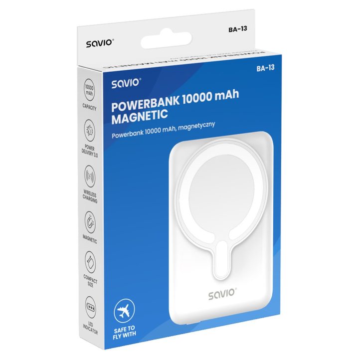 Savio BA-13 power bank 10000 mAh Wireless charging White