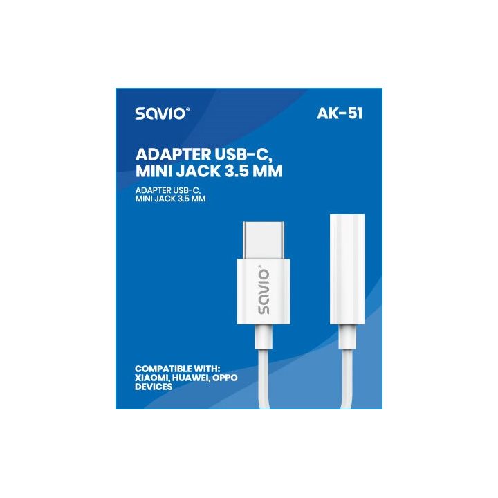 USB Type 3.1 C (M) – Jack 3.5mm (F) Audio adapter White SAVIO AK-51