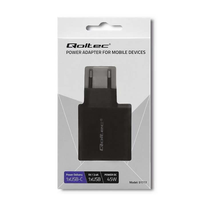 Qoltec 51717 caricabatterie | 45W | 5-20V | 2.25-3A | USB tipo C PD | USB | nero