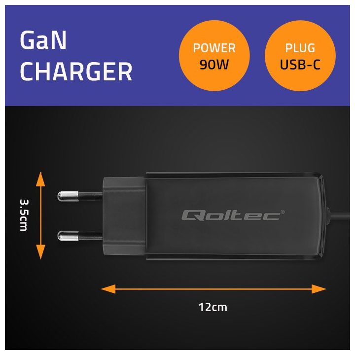 Qoltec 52420 90W GaN caricabatterie super veloce| 5-20V | 3-4.5A | USB-C 3.1