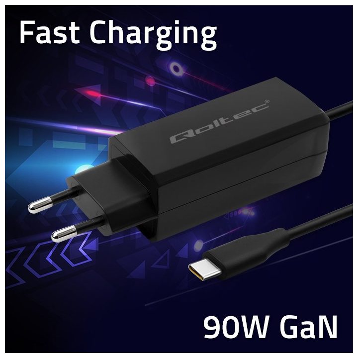 Qoltec 52420 90W GaN caricabatterie super veloce| 5-20V | 3-4.5A | USB-C 3.1