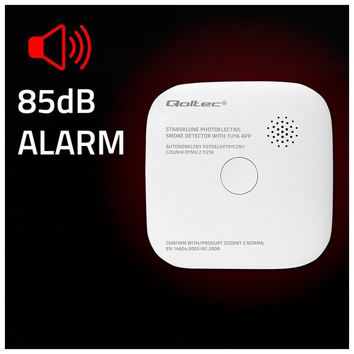 Qoltec 52579 rilevatore di fumo wireless con batteria | Tuya | Wi-Fi | durata sensore 10 anni | allarme 85dB | LED