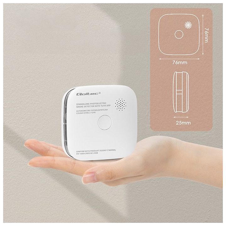 Qoltec 52579 rilevatore di fumo wireless con batteria | Tuya | Wi-Fi | durata sensore 10 anni | allarme 85dB | LED