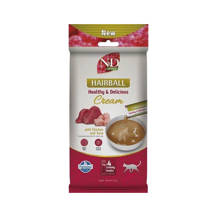 FARMINA N&D Quinoa Cat Hairball Cream con Pollo & Tonno box – snack per gatti – 4x15g