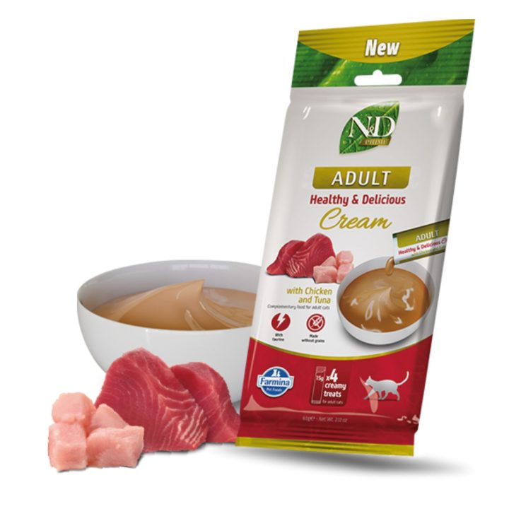 FARMINA N&D Prime Cat Cream con Pollo & Tonno per Gatti Adulti – Snack per Gatti – 4 × 15 g