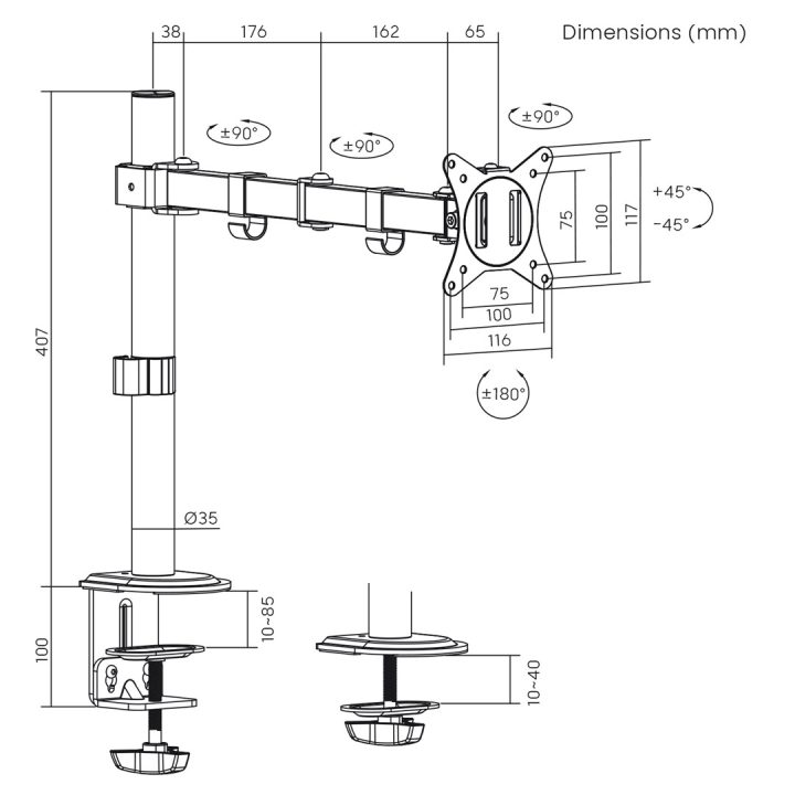 Maclean MC-753N LCD Supporto da Scrivania per Monitor 17-32 9kg VESA 75x75 100x100 Braccio Singolo Estensibile Regolabile