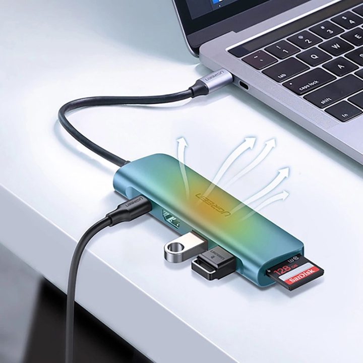 Ugreen CM195 adattatore 6-in-1 USB-C – lettore di schede HDMI / 2× USB-A 3.0 / USB-C PD / SD / TF – grigio