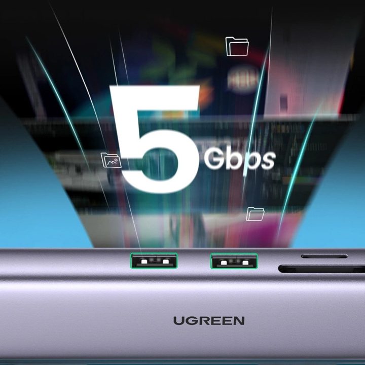Adattatore Ugreen CM512 90568 USB-C – lettore schede 2× USB-A 3.0 / HDMI / RJ45 / SD e TF / USB-C PD 100 W grigio
