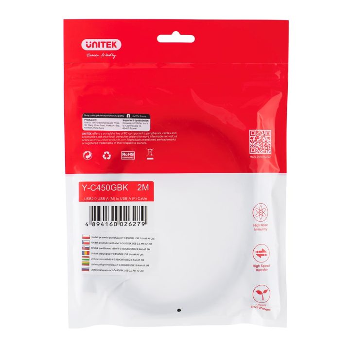 Cavo UNITEK Y-C450GBK USB 2 m USB 2.0 USB A nero