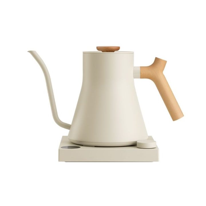 Fellow Stagg EKG PRO 900ml electric kettle in sesame beige with a wooden handle