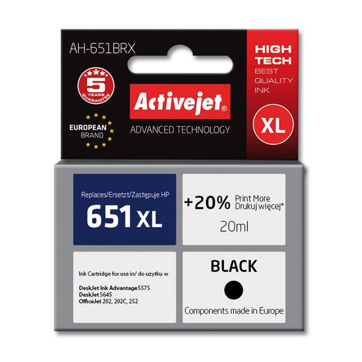 Activejet AH-651BRX Inchiostro (sostituzione per HP 651 C2P10AE Premium 20 ml nero)