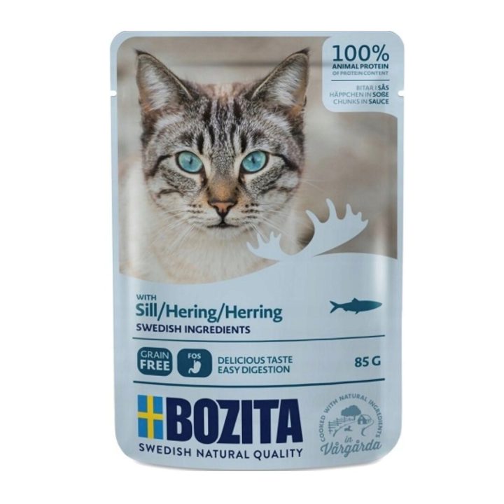 BOZITA Bocconcini di carne in salsa con aringa – cibo umido per gatti – 85g