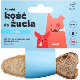 AZANKI Osso con gamberetti e olive nere in pelle di merluzzo a forma di pesce – snack per cani – 12 cm