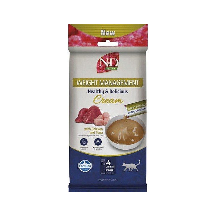 FARMINA N&D Quinoa Cat Weight Management Cream con Pollo & Tonno box – snack per gatti – 4x15g
