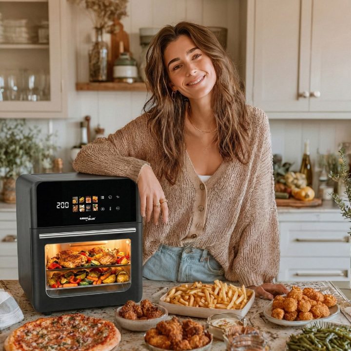 GreenBlue AIR FRYER Friggitrice ad Aria Senza Olio 1800W 10L Capacità 8 Programmi Accessori Timer GB950