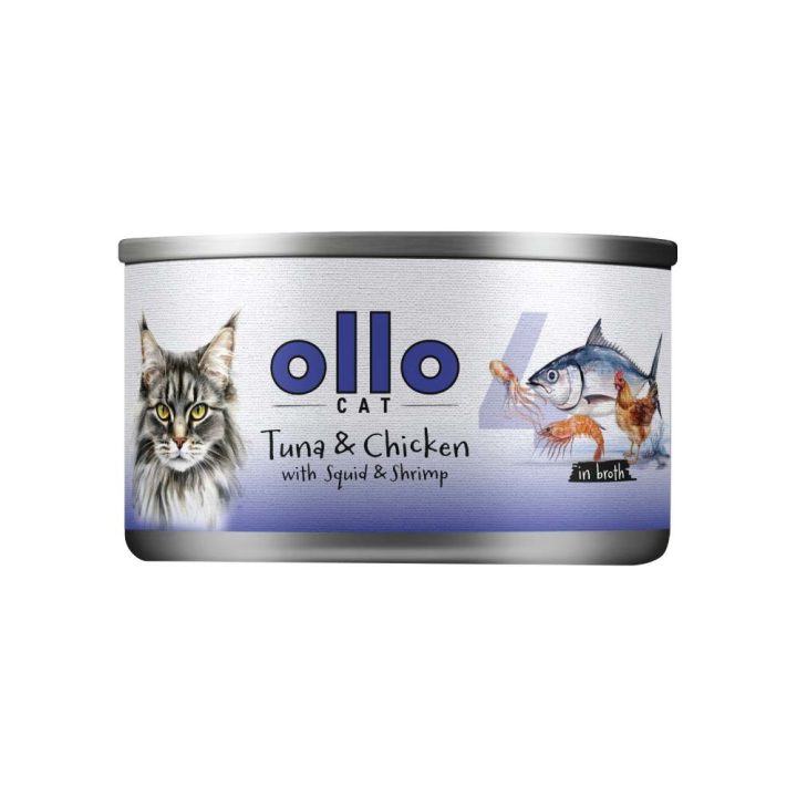 OLLO Cat nr 4 Tonno & Pollo con calamari & gamberetti in brodo - cibo umido per gatti - 70g