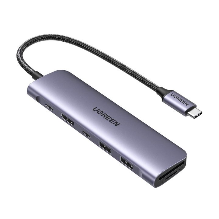 Ugreen CM195 adattatore 6-in-1 USB-C – lettore di schede HDMI / 2× USB-A 3.0 / USB-C PD / SD / TF – grigio