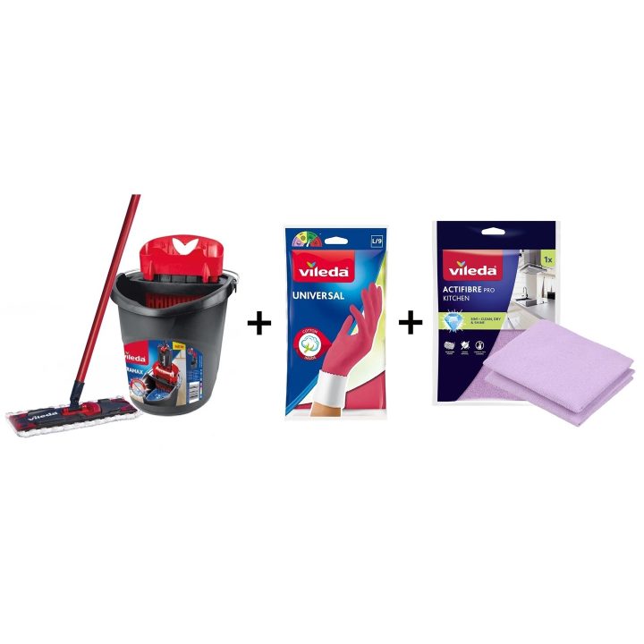 Vileda Ultramax Box mocio piatto con set cucina | 1 paio di guanti Universal + 1 panno cucina Actifibre Pro