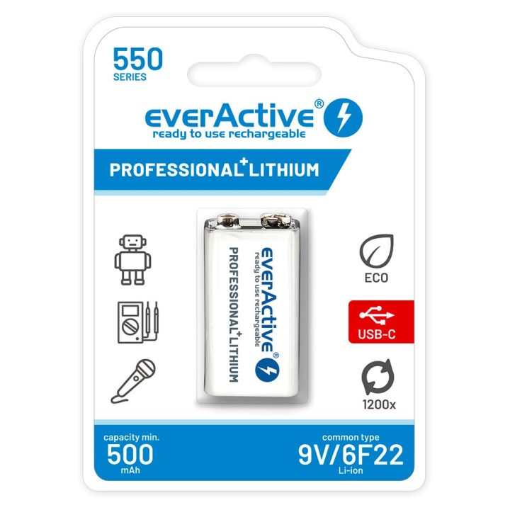 Batteria ricaricabile everActive 6F22/9V Li-ion 550 mAh con USB TYPE C