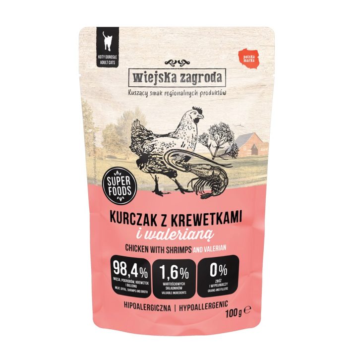 WIEJSKA ZAGRODA Pollo con Gamberetti e Valeriana – Cibo umido per gatti – 100g