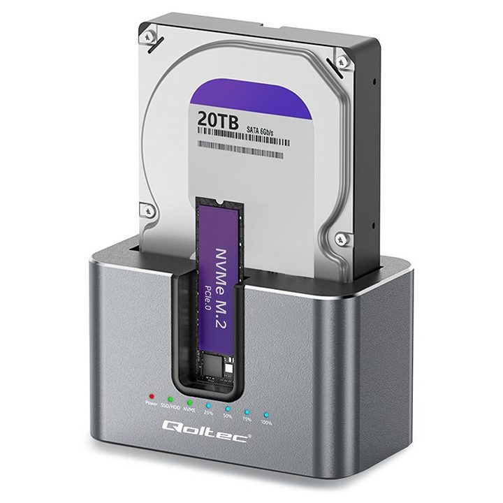 Qoltec 52631 HDD SSD stazione di aggancio | SATA | M.2 NVMe | clonazione | USB-C | 10Gb/s | 28TB