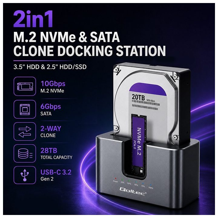 Qoltec 52631 HDD SSD stazione di aggancio | SATA | M.2 NVMe | clonazione | USB-C | 10Gb/s | 28TB